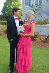 Prom Dresses Light Blue, Hot Pink Long Prom Dresses A-line Tulle Tiered Pom Dress Ideas