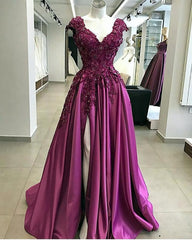 Evening Dresses On Sale, Lace Flowers Beaded Cap Sleeves V Neck Prom Dresses, Split Evening Gowns