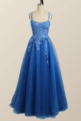Prom Dresses Lace, Blue Appliques A-line Tulle Long Dress