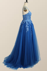 Prom Dresses With Sleeves, Blue Appliques A-line Tulle Long Dress