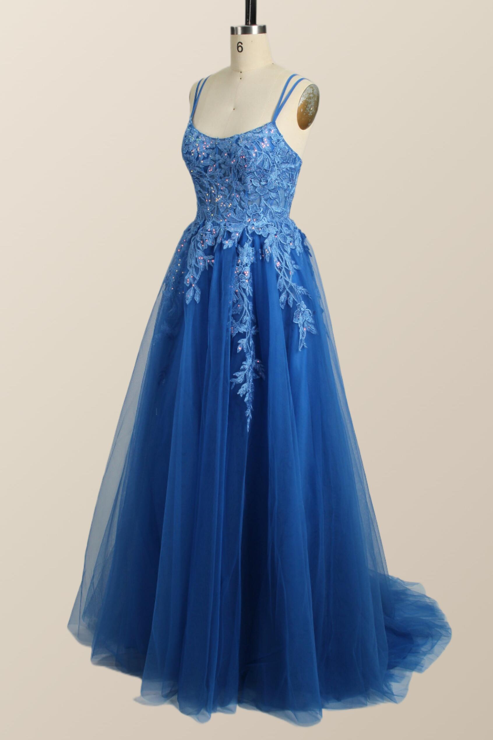 Prom Dress Ball Gown, Blue Appliques A-line Tulle Long Dress