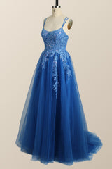 Prom Dress Ball Gown, Blue Appliques A-line Tulle Long Dress