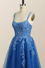 Prom Dresses Blue, Blue Appliques A-line Tulle Long Dress
