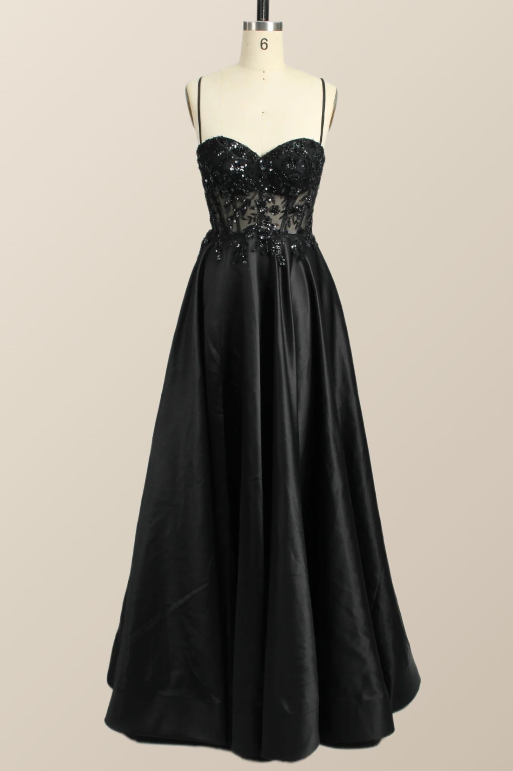 Prom Dresses Simple, Beaded Black Satin A-line Prom Dress