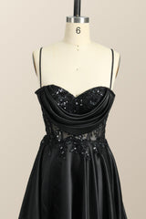 Prom Dress With Slits, Beaded Black Satin A-line Prom Dress