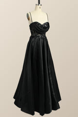 Prom Dress Simple, Beaded Black Satin A-line Prom Dress