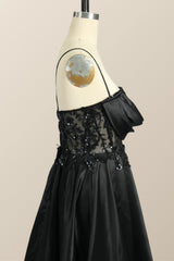 Prom Dress With Slit, Beaded Black Satin A-line Prom Dress