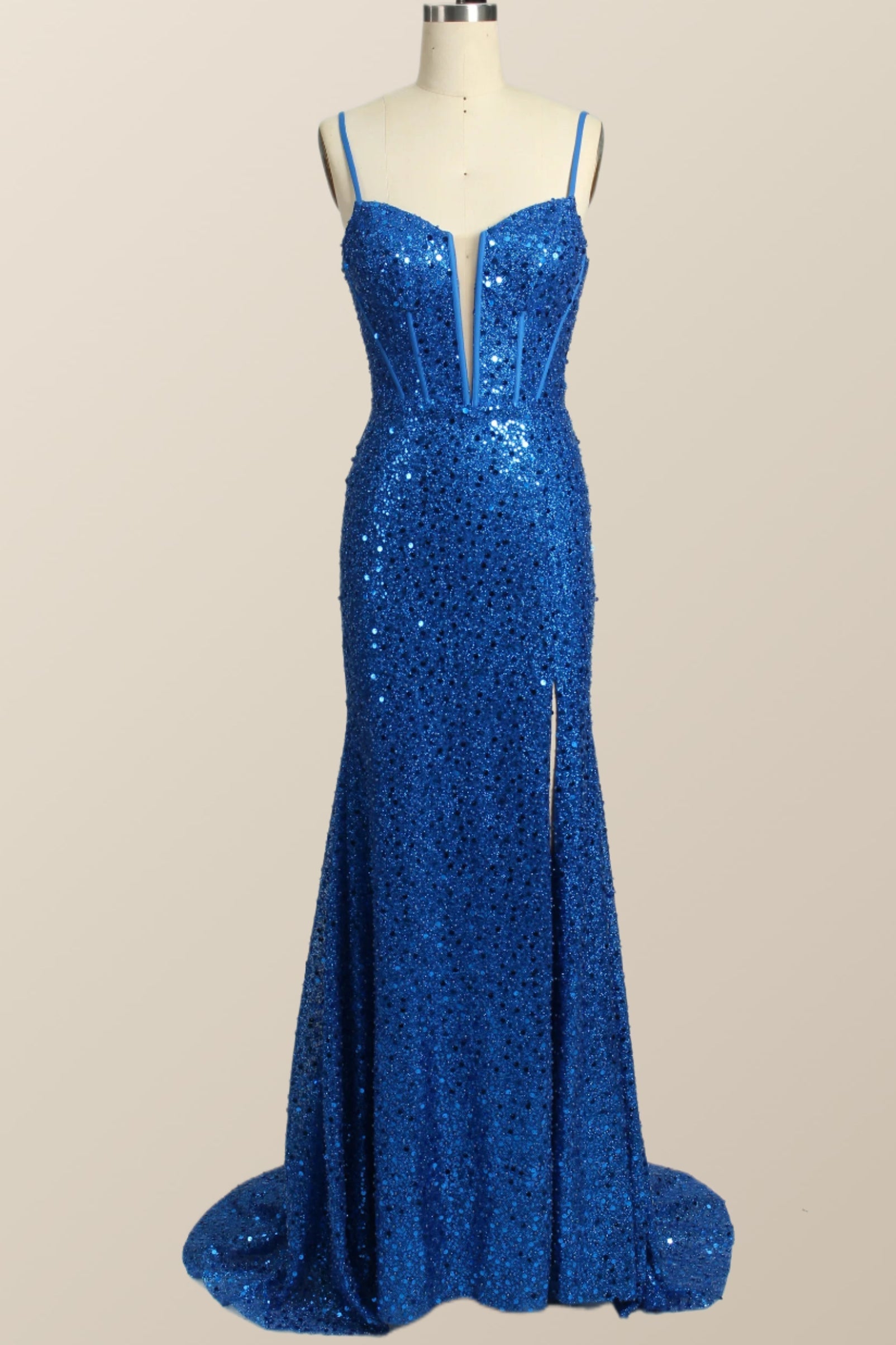 Prom Dresses For Teens Long, Royal Blue Sequin Mermaid Long Prom Dress