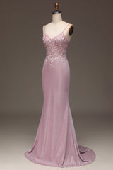 Prom Dresses Long Elegant, Glitter Blush Mermaid Spaghetti Straps Long Prom Dress with Beading