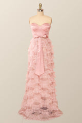 Prom Dresses Blue Long, Sweetheart Blush Pink Tiered Ruffles Long Formal Dress