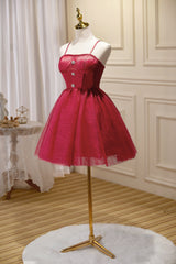 Bridesmaids Dresses Websites, Chic Burgundy Spaghetti Straps Lace Tulle Short Homecoming Dresses
