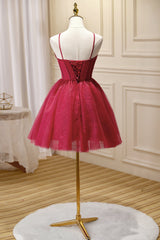 Bridesmaid Dress Websites, Chic Burgundy Spaghetti Straps Lace Tulle Short Homecoming Dresses