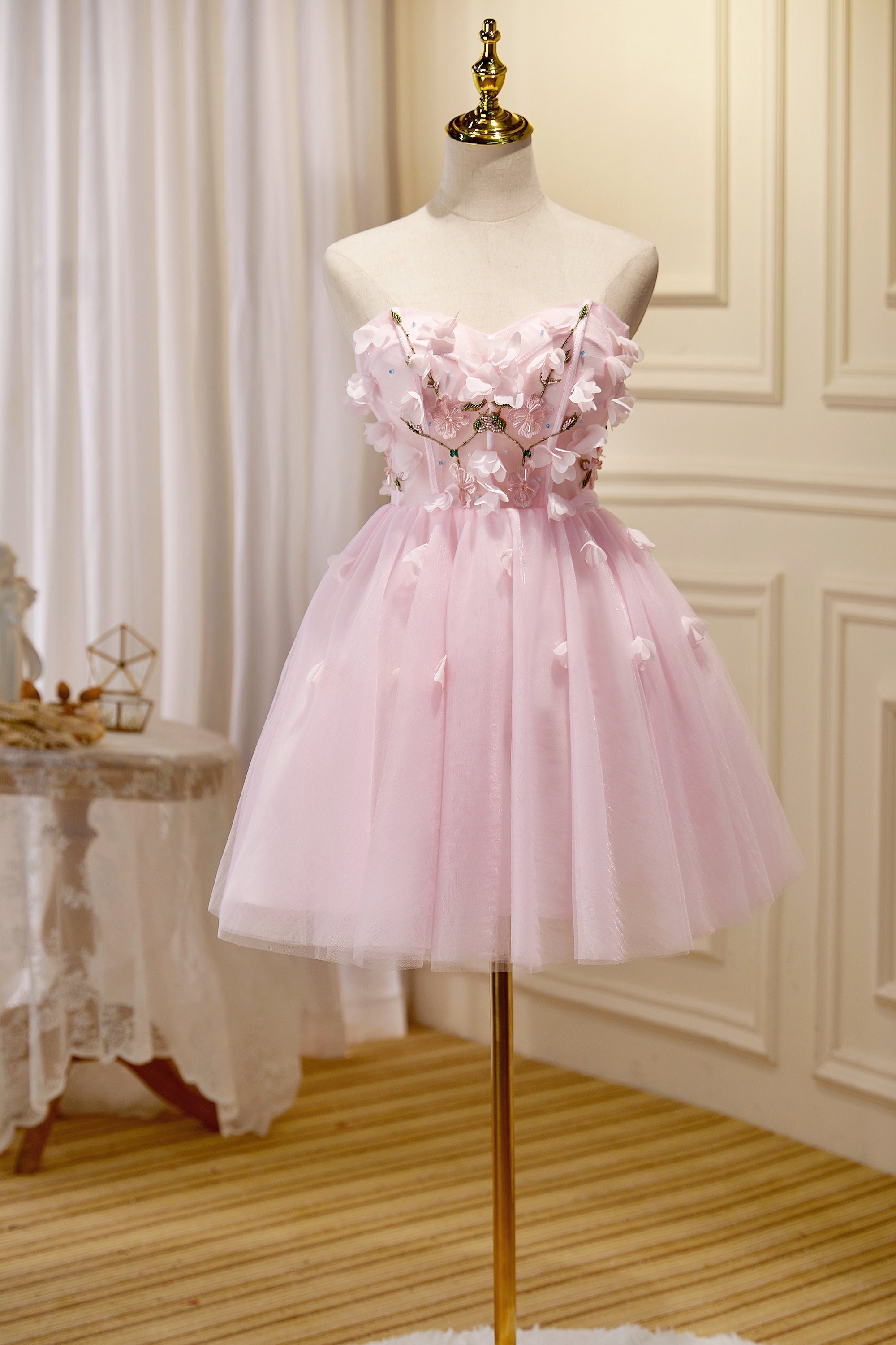 Bridesmaid Dresses Color Palette, Cute Pink Strapless Sweetheart Appliques Tulle Short Homecoming Dresses