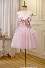 Bridesmaid Dresses Color Palette, Cute Pink Strapless Sweetheart Appliques Tulle Short Homecoming Dresses