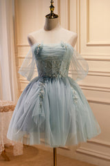 Bridesmaids Dresses Blush, Charming Blue Off The Shoulder A Line Tulle Short Homecoming Dresses