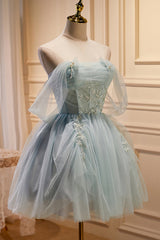 Bridesmaid Dress Blush, Charming Blue Off The Shoulder A Line Tulle Short Homecoming Dresses