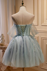 Bridesmaids Dresses Champagne, Charming Blue Off The Shoulder A Line Tulle Short Homecoming Dresses
