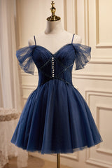 Bridesmaid Dress Color, Dark Navy Spaghetti Straps V Neck Tulle Short Homecoming Dresses