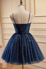 Bridesmaids Dresses Colorful, Dark Navy Spaghetti Straps Tulle Short Homecoming Dresses