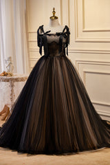 Simple Wedding Dress, Black Sleeveless Ball Gown Tulle Long Prom Dresses