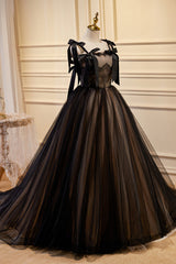 Bridesmaid Dresses Peach, Black Sleeveless Ball Gown Tulle Long Prom Dresses