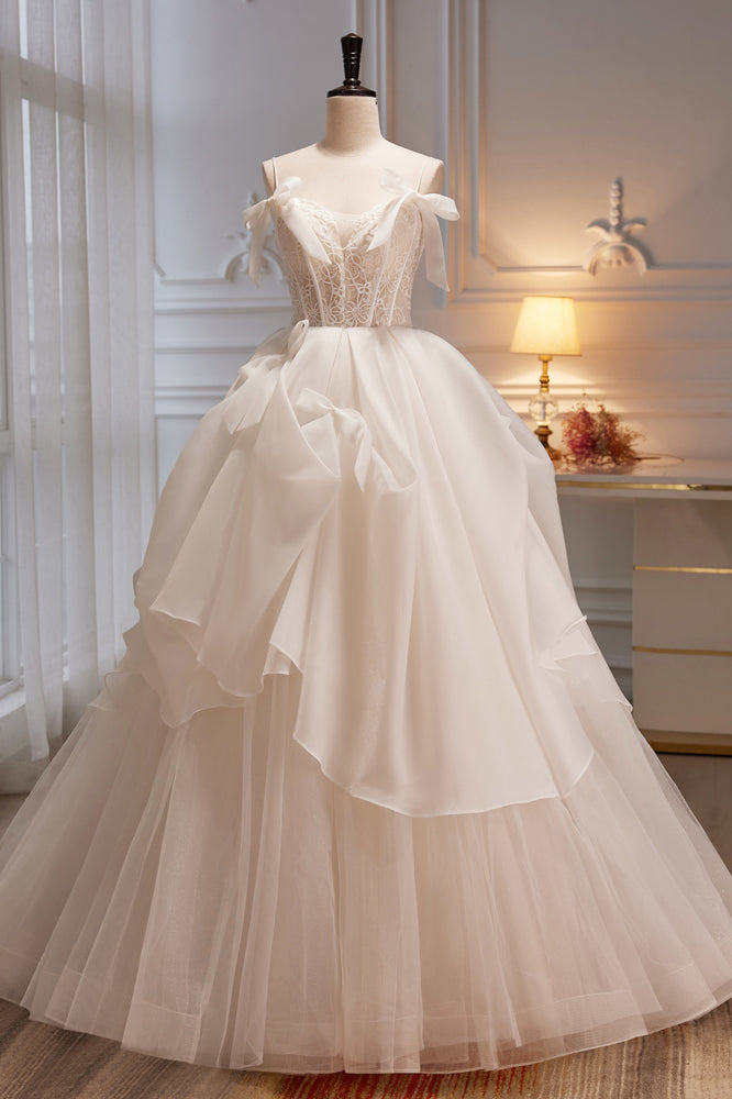 Homecoming Dress Elegant, Elegant Ivory Spaghetti Straps Ball Gown with Bowknot A Line Tulle Long Prom Dresses