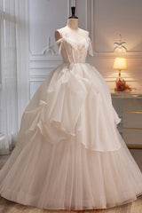 Homecoming Dresses Elegant, Elegant Ivory Spaghetti Straps Ball Gown with Bowknot A Line Tulle Long Prom Dresses