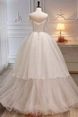 Homecomming Dresses Short, Elegant Ivory Spaghetti Straps Ball Gown with Bowknot A Line Tulle Long Prom Dresses