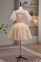 Bridesmaids Dresses Mismatched Fall, Champagne V Neck Short Sleeves Tulle Short Homecoming Dresses