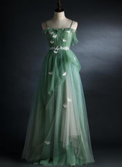 Formal Dresses For Teens, Light Green Straps Tulle Floor Length A Line Prom Dress, Tulle Scoop Party Dress