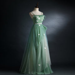 Formal Dress Outfits, Light Green Straps Tulle Floor Length A Line Prom Dress, Tulle Scoop Party Dress