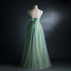 Formal Dresses Lace, Light Green Straps Tulle Floor Length A Line Prom Dress, Tulle Scoop Party Dress