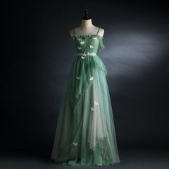 Formal Dresses For Weddings, Light Green Straps Tulle Floor Length A Line Prom Dress, Tulle Scoop Party Dress