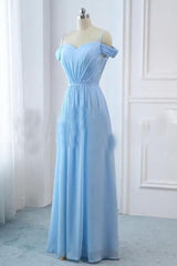 Formal Dress Attire, Light Sky Blue A Line Off The Shoulder Natural Waist Ruched Prom Dress, Lace Up Party Dress