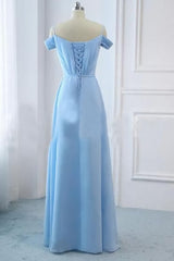 Formal Dress Store, Light Sky Blue A Line Off The Shoulder Natural Waist Ruched Prom Dress, Lace Up Party Dress