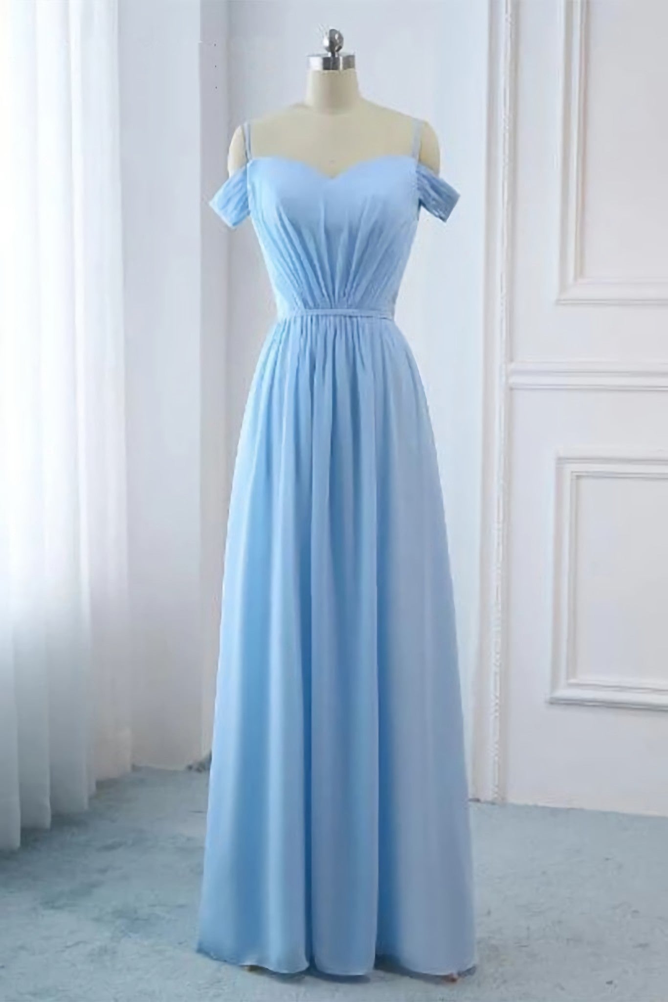 Formal Dresses Outfit Ideas, Light Sky Blue A Line Off The Shoulder Natural Waist Ruched Prom Dress, Lace Up Party Dress