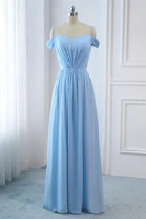 Formal Dresses Outfit Ideas, Light Sky Blue A Line Off The Shoulder Natural Waist Ruched Prom Dress, Lace Up Party Dress