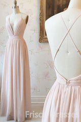 Party Dress Dresses, Simple V-neck Zipper Back Floor Length Pink Chiffon Long Elegant Bridesmaid Dresses