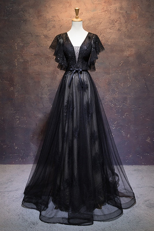 Bridesmaids Dress Style, Modest Black Long A-line V-neck Black Prom Dresses Chic Party Dresses
