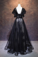 Bridesmaids Dress Styles, Modest Black Long A-line V-neck Black Prom Dresses Chic Party Dresses