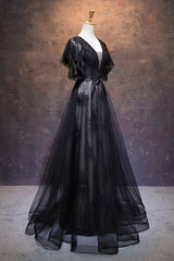 Bridesmaid Dresse Styles, Modest Black Long A-line V-neck Black Prom Dresses Chic Party Dresses