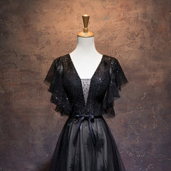 Bridesmaid Dress Stylee, Modest Black Long A-line V-neck Black Prom Dresses Chic Party Dresses