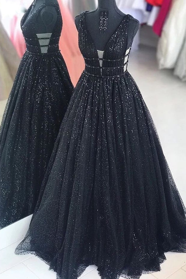 Bridesmaids Dresses Black, Black Sparkly V-neck For Mal Prom Dresses Pretty Princess Dresses For Teens