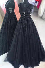 Bridesmaids Dresses Black, Black Sparkly V-neck For Mal Prom Dresses Pretty Princess Dresses For Teens