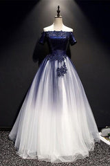Bridesmaid Dress Inspo, Modest Royal Blue Long Flowy Evening Prom Dresses With Lace Appliques