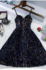 Party Dress With Glitter, Glitter Spaghetti Straps Cute Short Prom Dresseses Tight Tea Length Homecoming Dresses