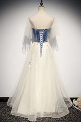Homecomming Dresses Long, Elegant Ivory And Blue Flowy Princess Prom Dresses For Teens Long Homecoming Dresses