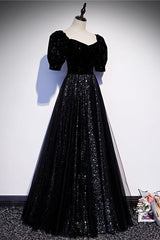 Bridesmaid Dresses Different Style, Modest Sparkly Black Long A-line Prom Dresses With Sleeves Evening Gowns