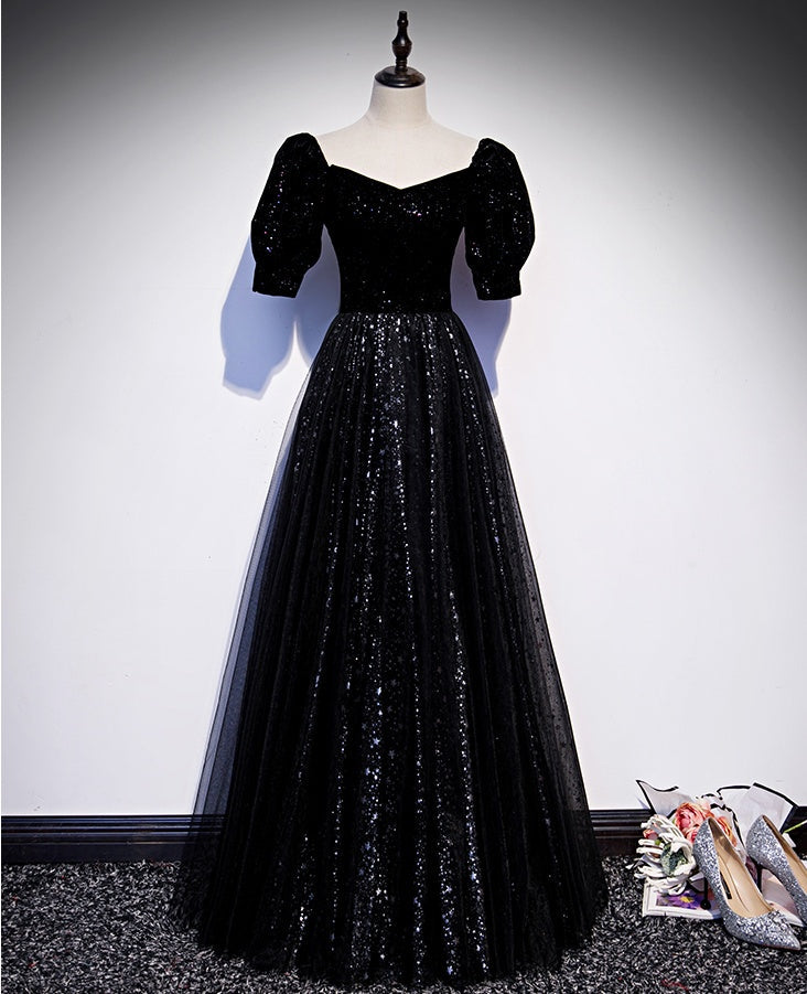 Bridesmaids Dresses Different Styles, Modest Sparkly Black Long A-line Prom Dresses With Sleeves Evening Gowns