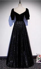 Bridesmaid Dress Different Styles, Modest Sparkly Black Long A-line Prom Dresses With Sleeves Evening Gowns
